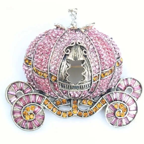 Midnight Rose Diamond-Encrusted Pumpkin Coach Brooch Vintage Repurposed - Picture 5 of 5